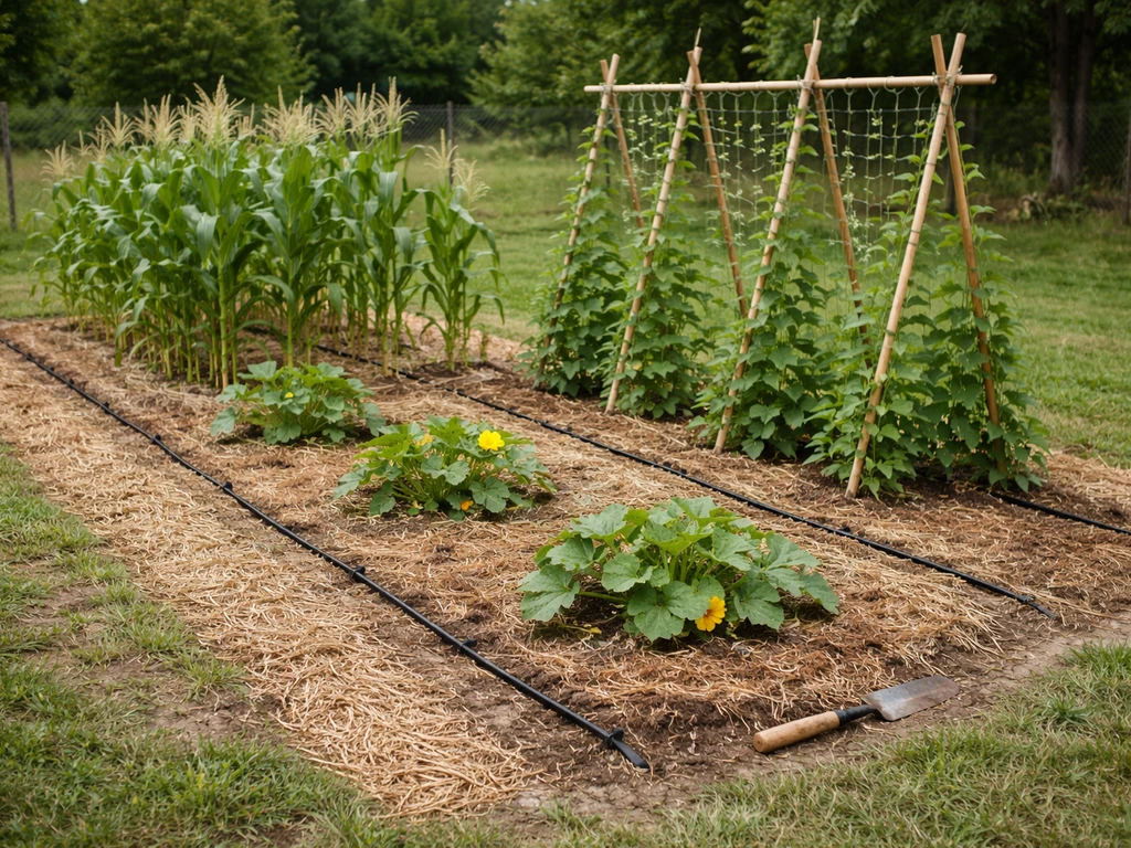 Small garden bed with open-pollinated corn, pole bean trellis, and squash mounds under natural light.