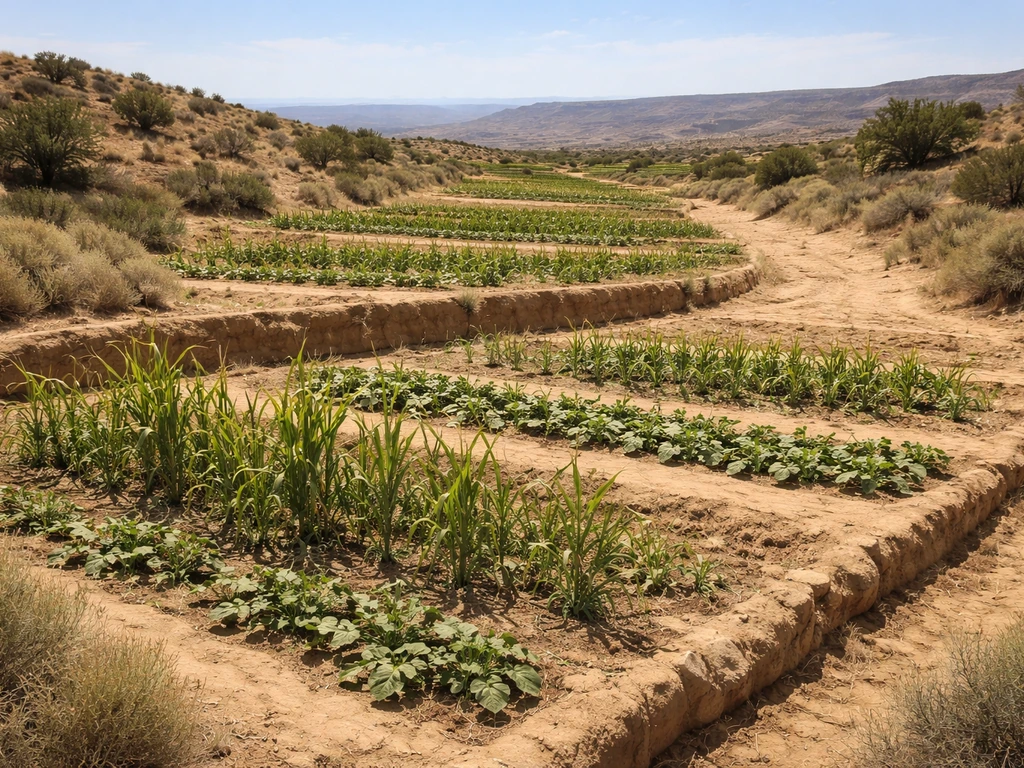 Sunlit arid Southwest field with terrace-like rows where corn, beans, and squash grow