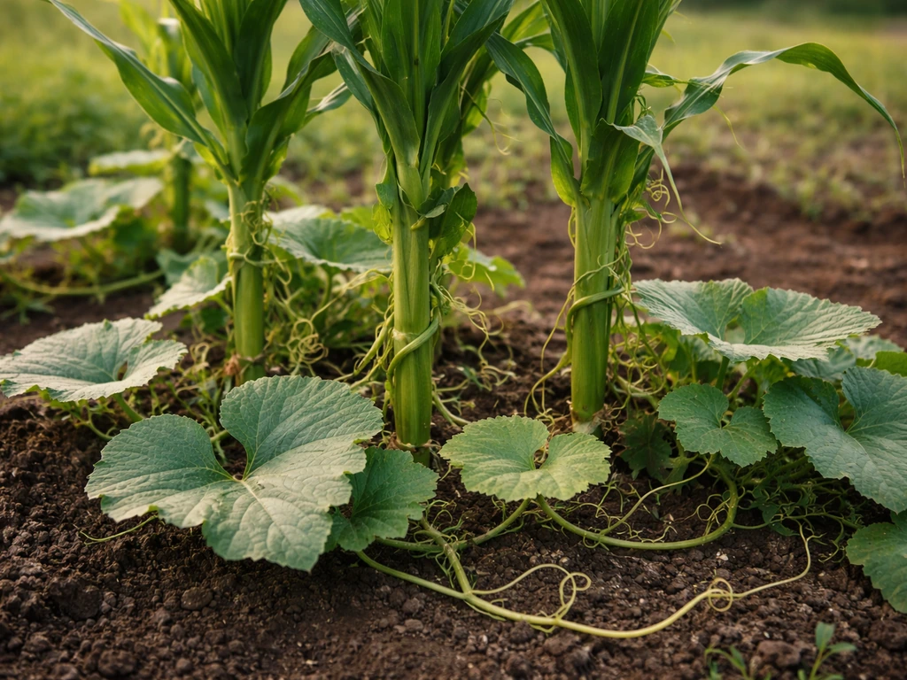 Close-up of corn stalks with climbing beans and squash vines growing together in a simple field.