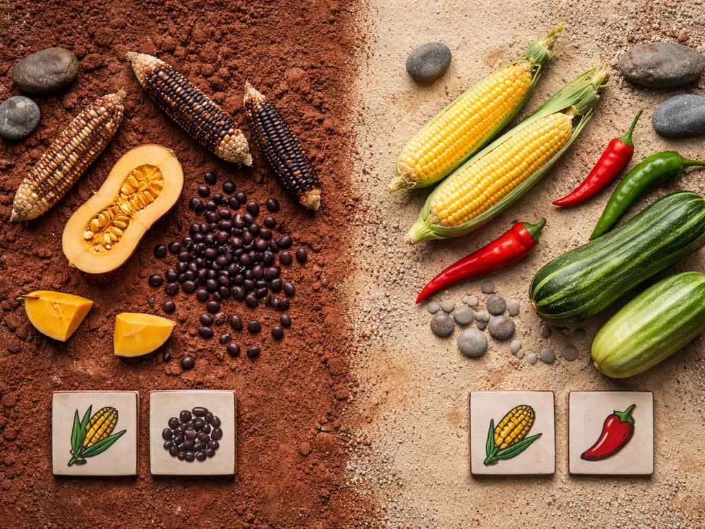 Minimal overhead scene with two adjacent soil “regions” showing different Pueblo crops on each side.