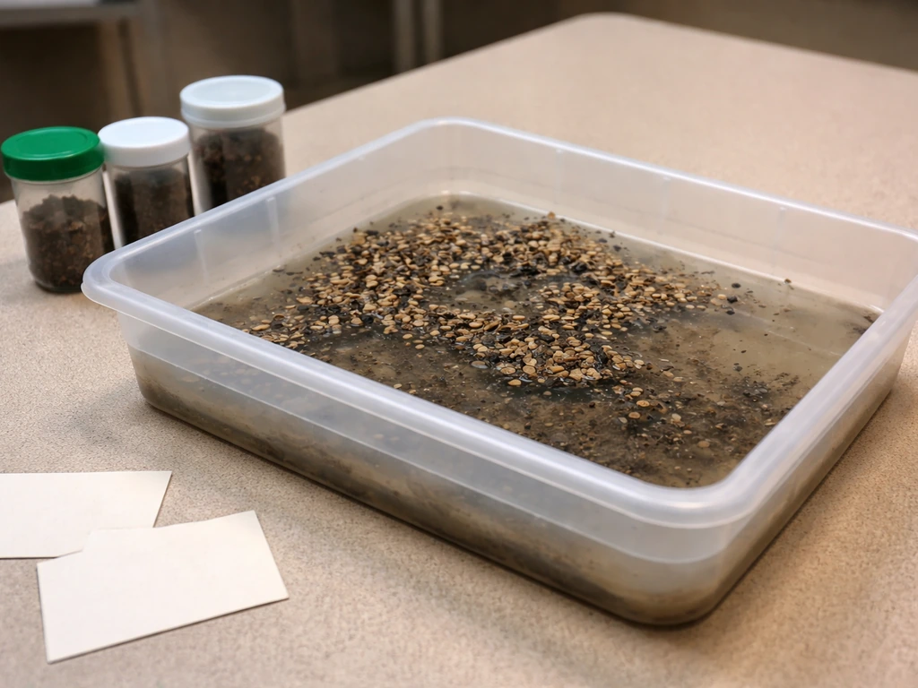Clear flotation tray with water and charred plant remains on a simple lab table for archaeobotany evidence.