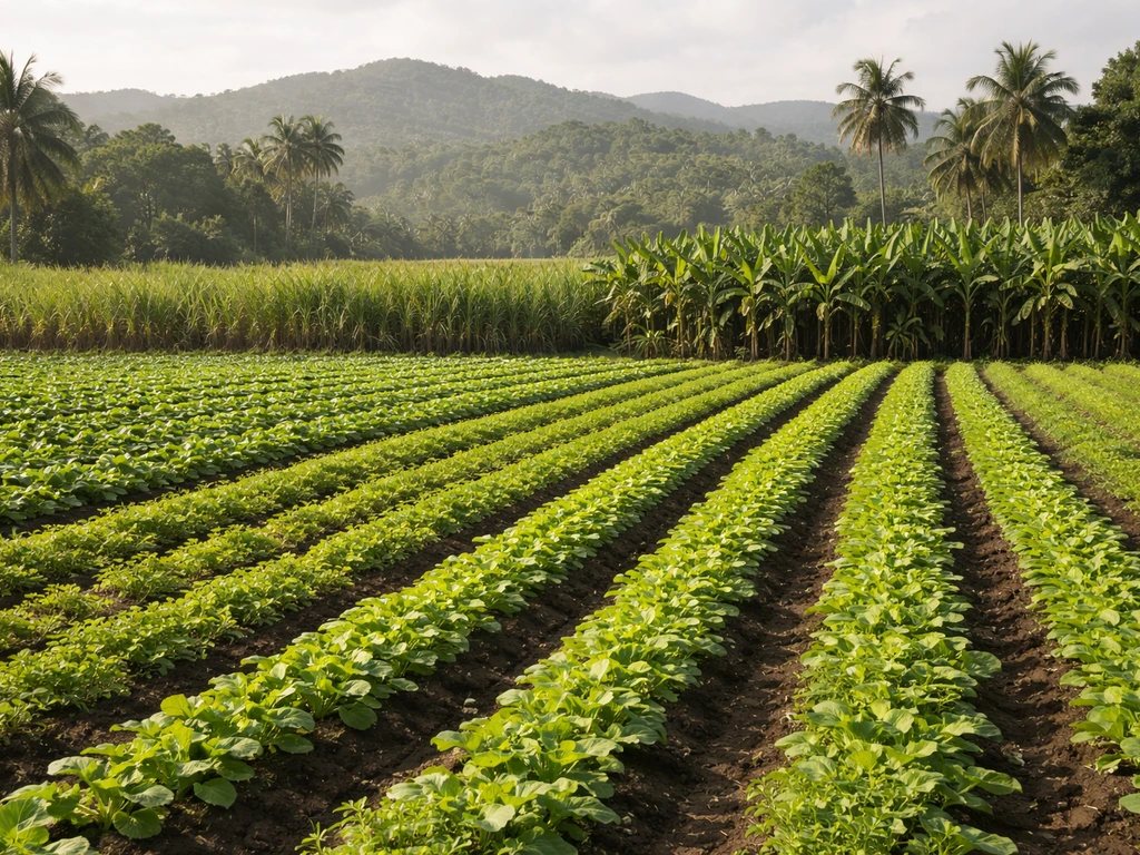 Lush tropical farmland in Puerto Rico with mixed crops stretching under bright daylight