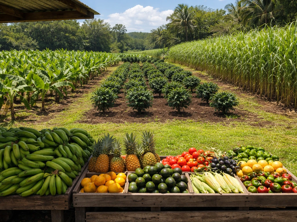 Puerto Rico farmland with plantains, coffee shrubs, sugarcane rows, and a small tropical produce stand.