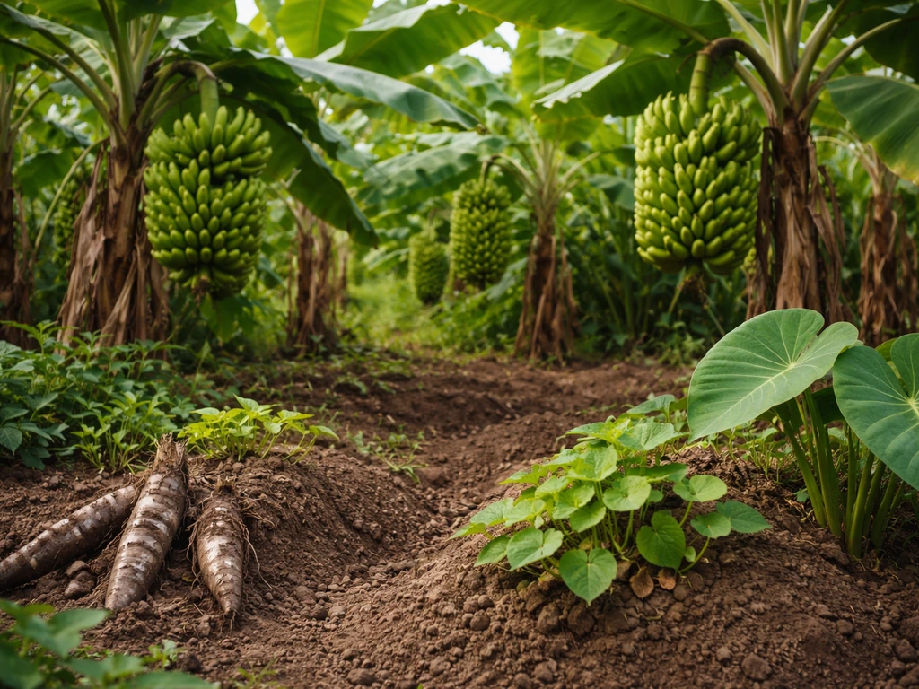 Close-up of plantain bunches among banana plants, with nearby yuca, taro, and sweet potatoes in a simple farm plot.