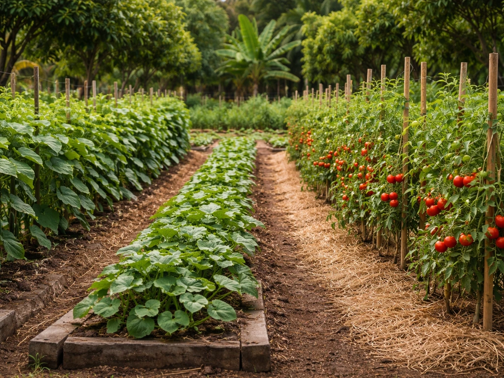 Raised beds with cucumber vines and tomato plants in a tropical market garden, trees blurred in background.