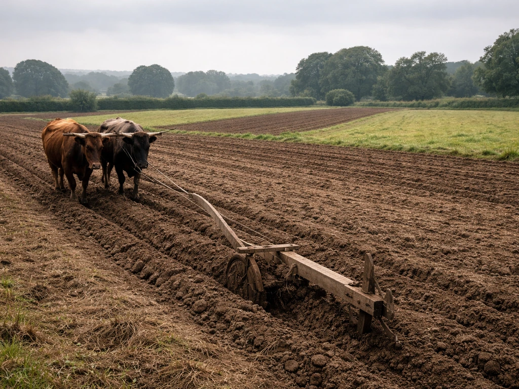 Ox-drawn wooden plough across furrowed fields divided into parcels, suggesting crop rotation in medieval England