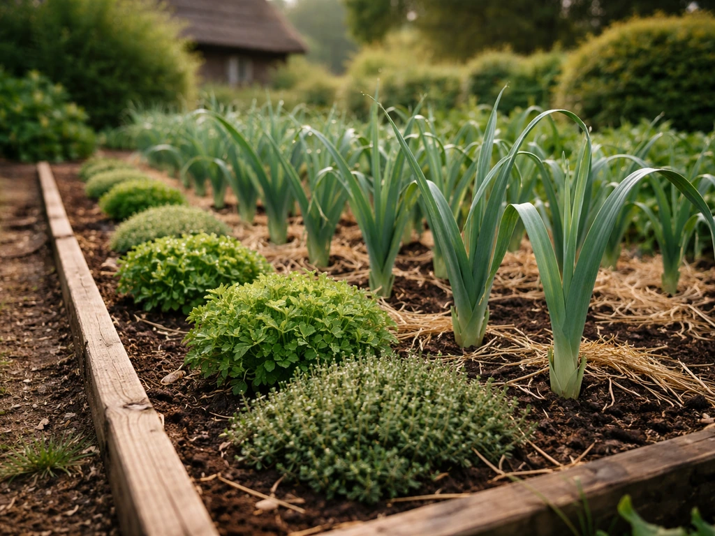 Close-up of raised leek rows and herbs in a rustic cottage kitchen garden.