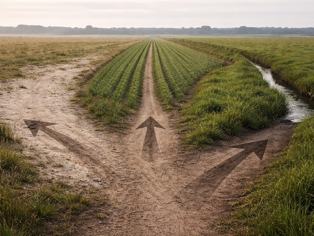 Minimal segmented landscape showing chalky, loamy, and wetter ground textures with arrows to different crop fields.