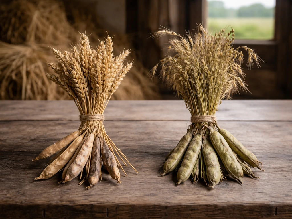 Two dried crop bundles on a wooden table, suggesting different historical European farming practices.