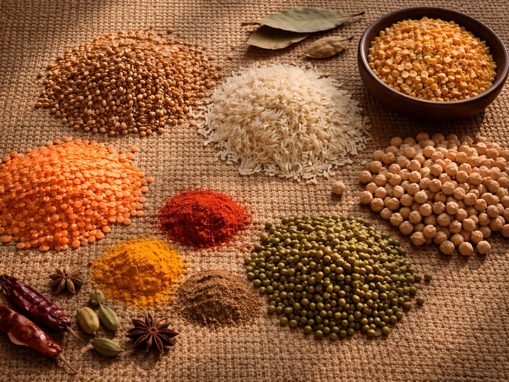 Overhead still-life of grains, pulses, and spices on a woven mat with earthy, warm tones.