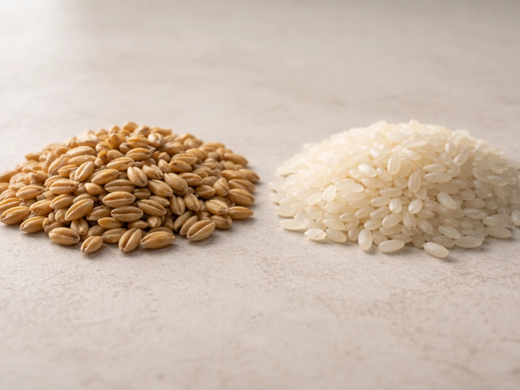 Close-up side-by-side barley grains and rice grains on a neutral surface
