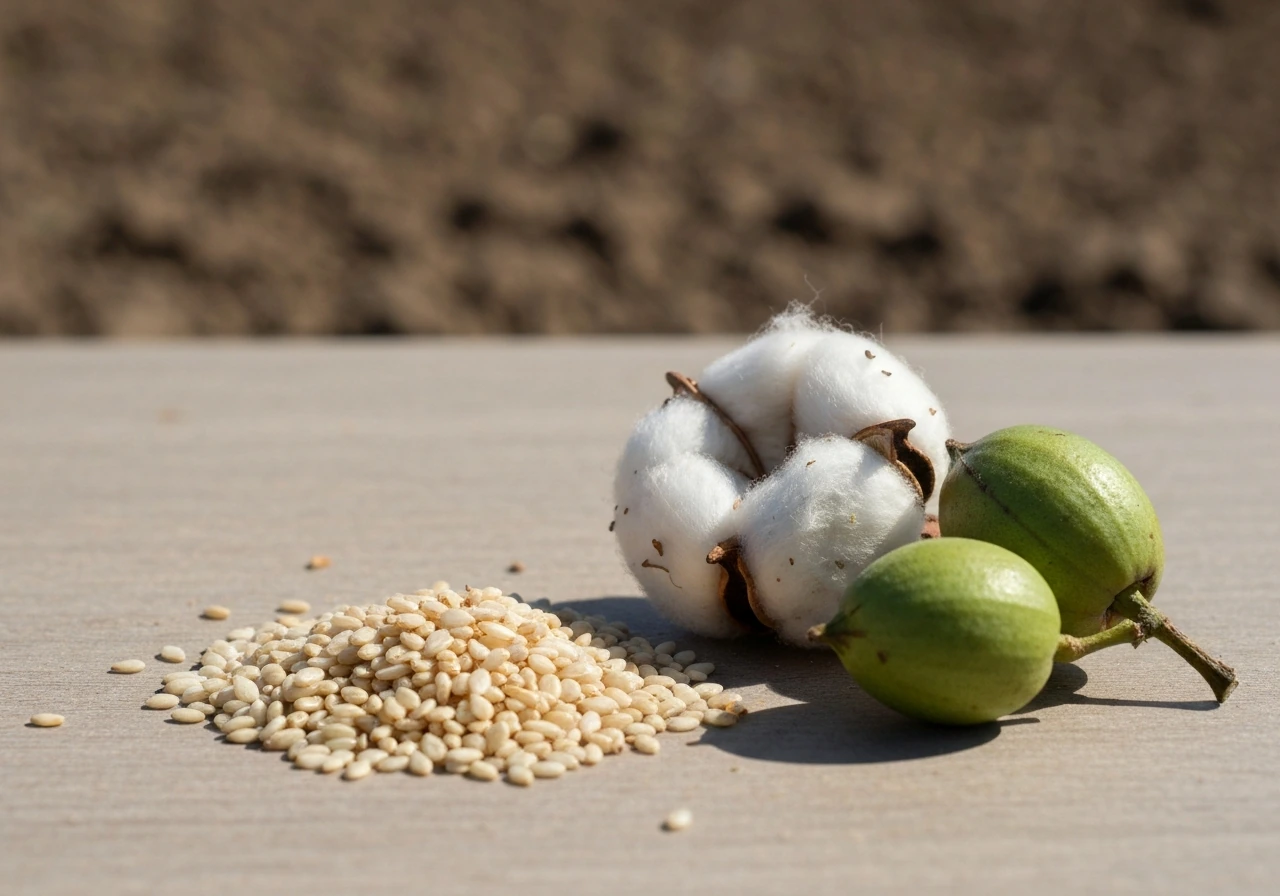 Close-up of sesame seeds and cotton bolls with fibers on a wooden surface in natural light.