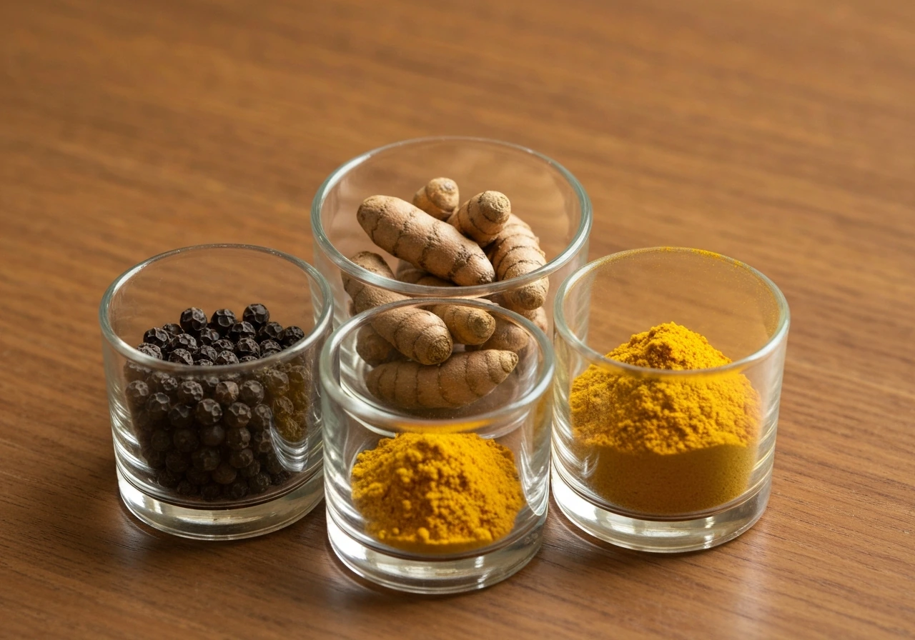 Black peppercorns and turmeric in small glass vessels on a wooden table