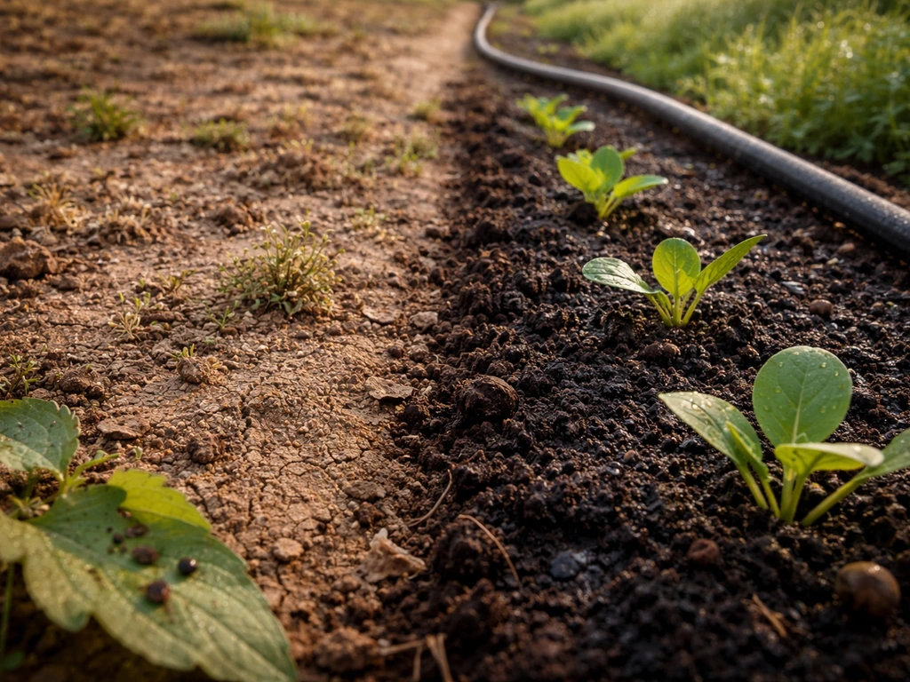 Close-up of two sides of farm soil with seedlings and a hint of pests, suggesting climate/soil/risk differences.