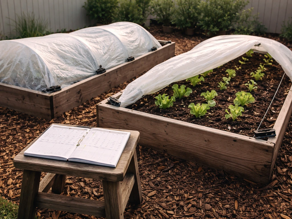 Raised garden beds with row cover beside a simple calendar page showing a short planting window.