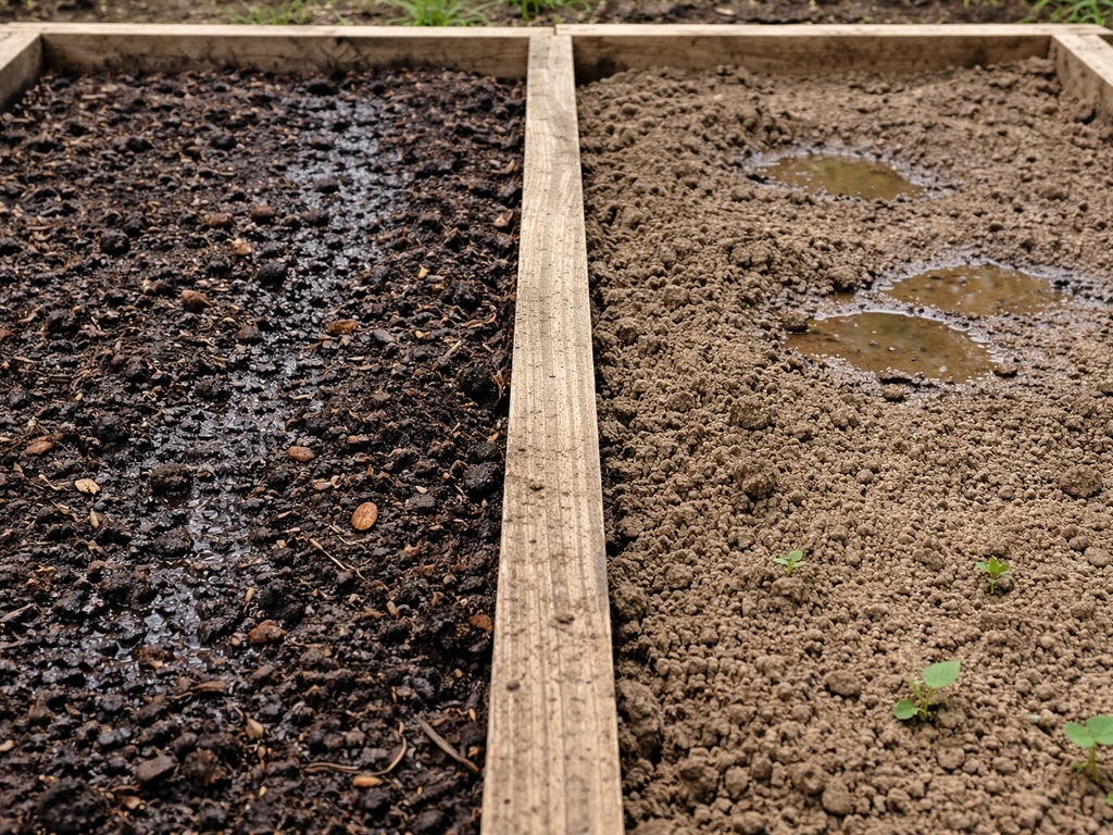 Side-by-side garden beds showing dark well-amended moist soil next to compacted, poorly draining silt soil.