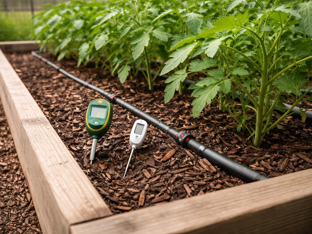 Raised vegetable beds with drip irrigation lines, mulch, and simple monitoring tools along the row.