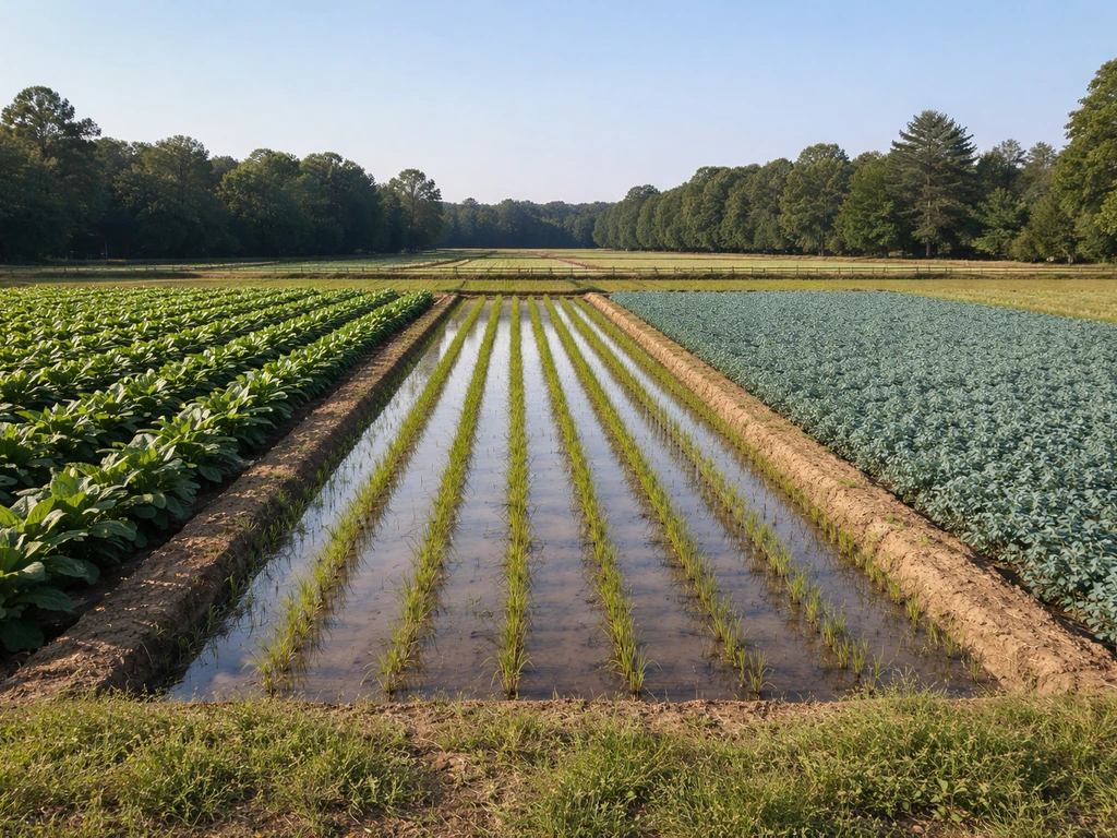 Three adjacent farm plots showing tobacco leaves, flooded rice rows, and indigo plants.