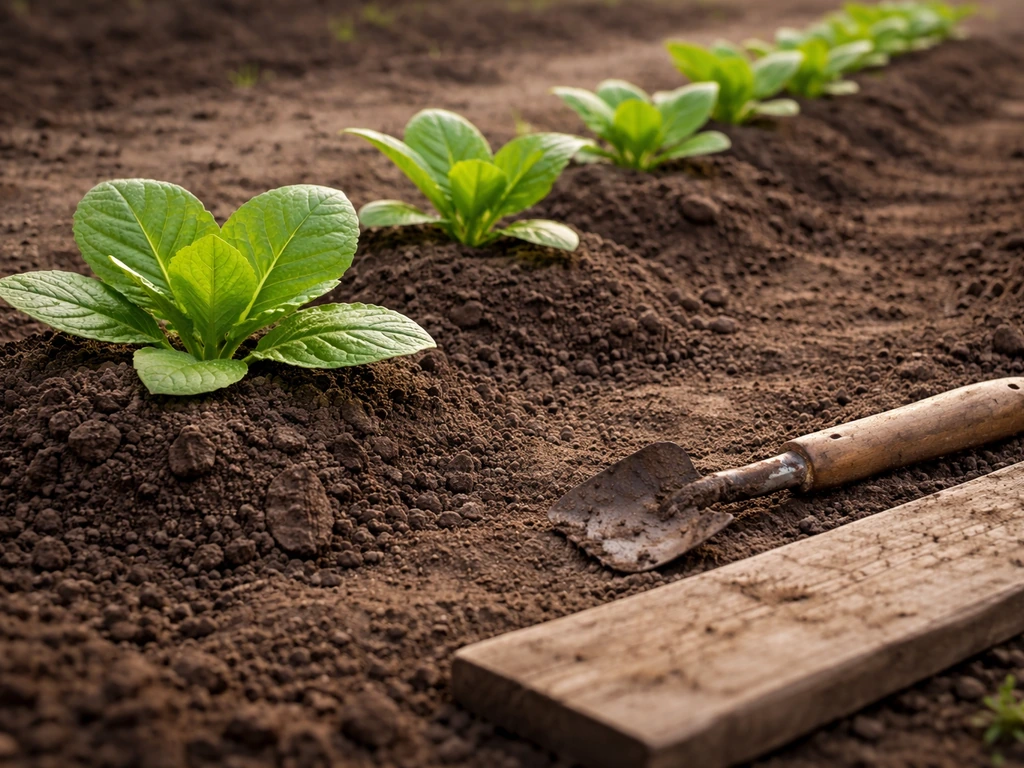 Close view of tobacco seedlings in a bare seedbed with a small hand tool nearby, early spring.