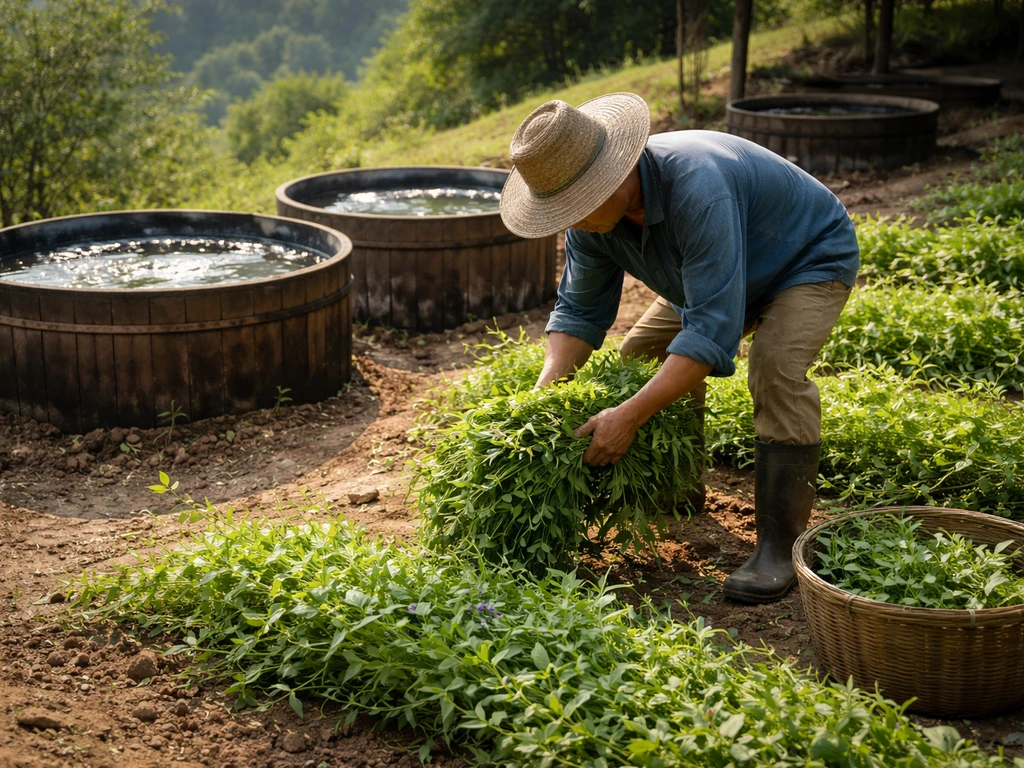 Indigo plants being harvested while dark blue-green liquid ferments in wooden vats.