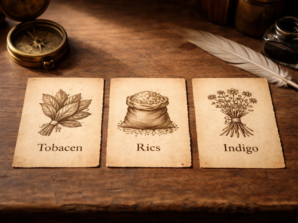 Wooden desk with parchment slips showing tobacco, rice, and indigo icons under natural light