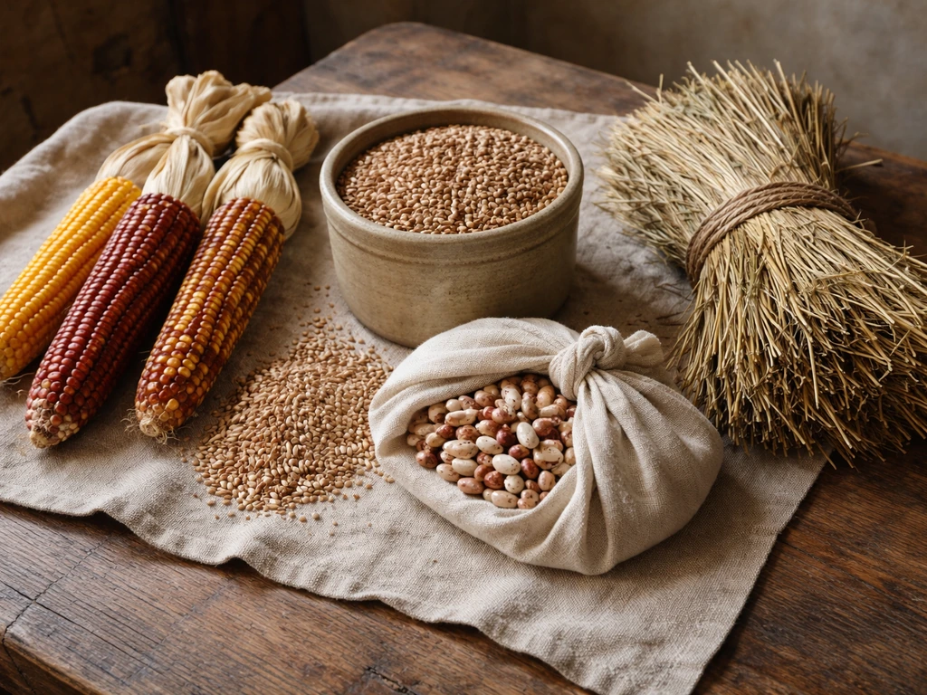 A simple wooden table with colonial-era bundles and grains like corn, wheat/rye, beans, and hay