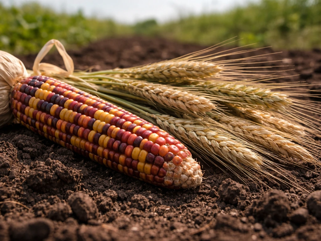 Close-up of Indian corn cobs and rye/wheat heads on a simple rural field background