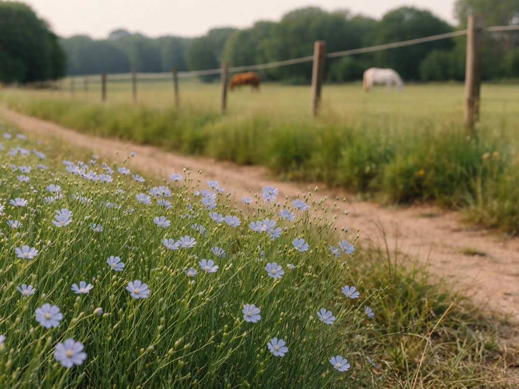 Flax plants beside a quiet pasture with grazing grassland, suggesting fiber crops and livestock feed.