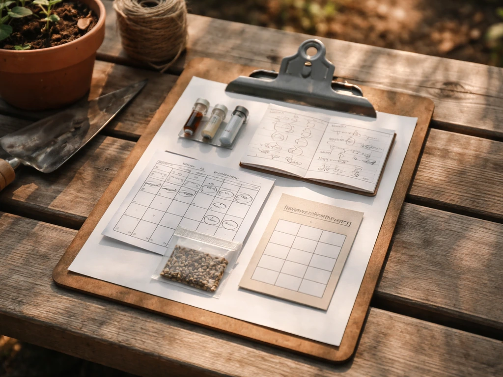 Garden bench scene with simple tools and notes showing five farming “ease” factors for first-season success.