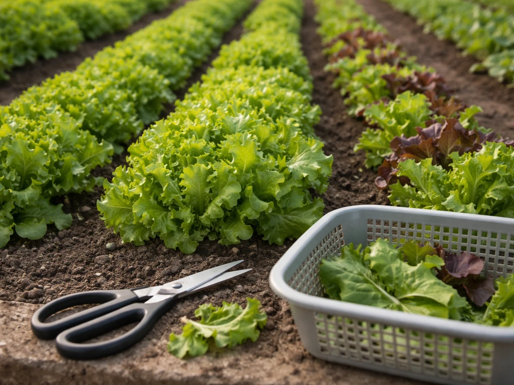 Close-up of salad greens in neat rows with scissors and small harvest bins for quick cash-crop harvesting.