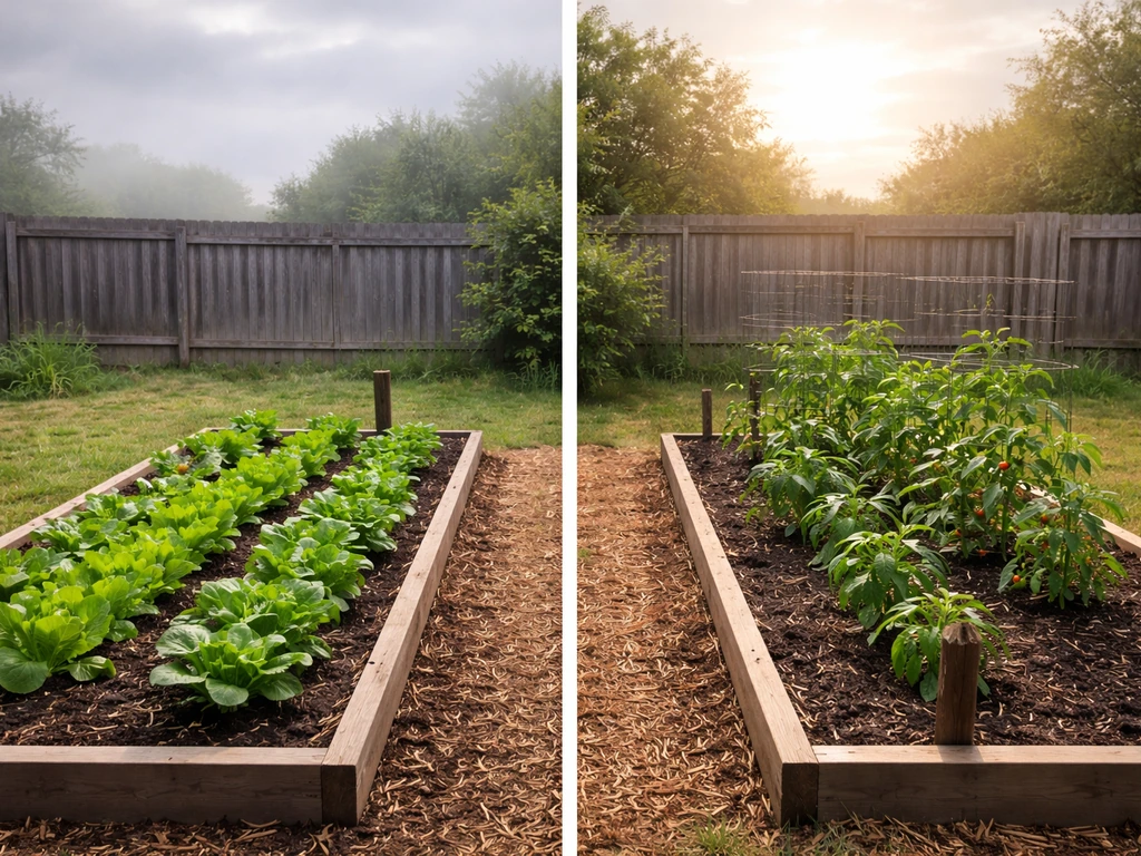 Split raised garden beds showing cool greens vs heat-tolerant plants under contrasting light.