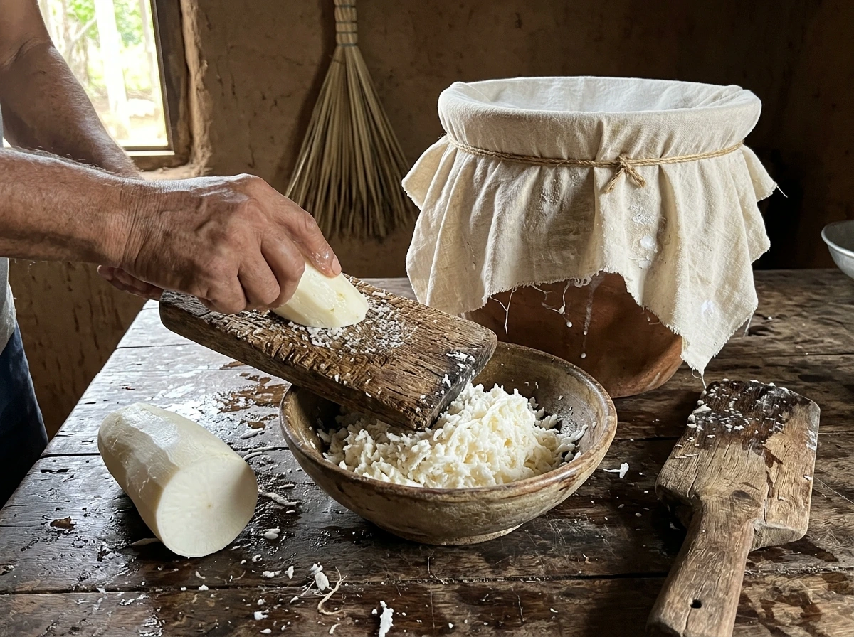Cassava root and scraping/prep tools showing Taíno staple processing