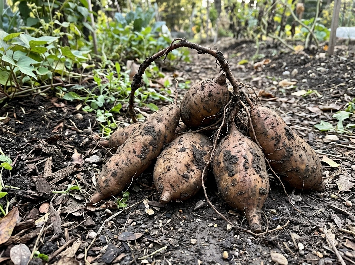 Sweet potato roots with vine and soil, showing a major Taíno starchy crop