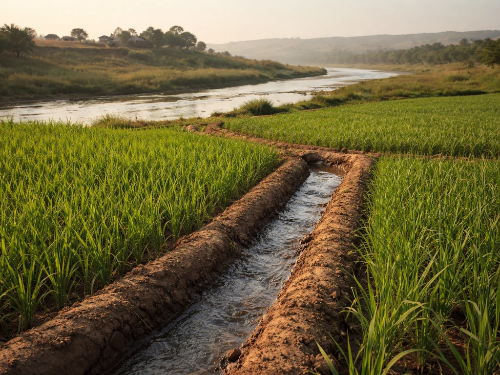Cinematic view of fertile irrigated fields and a river valley leading to a distant early settlement