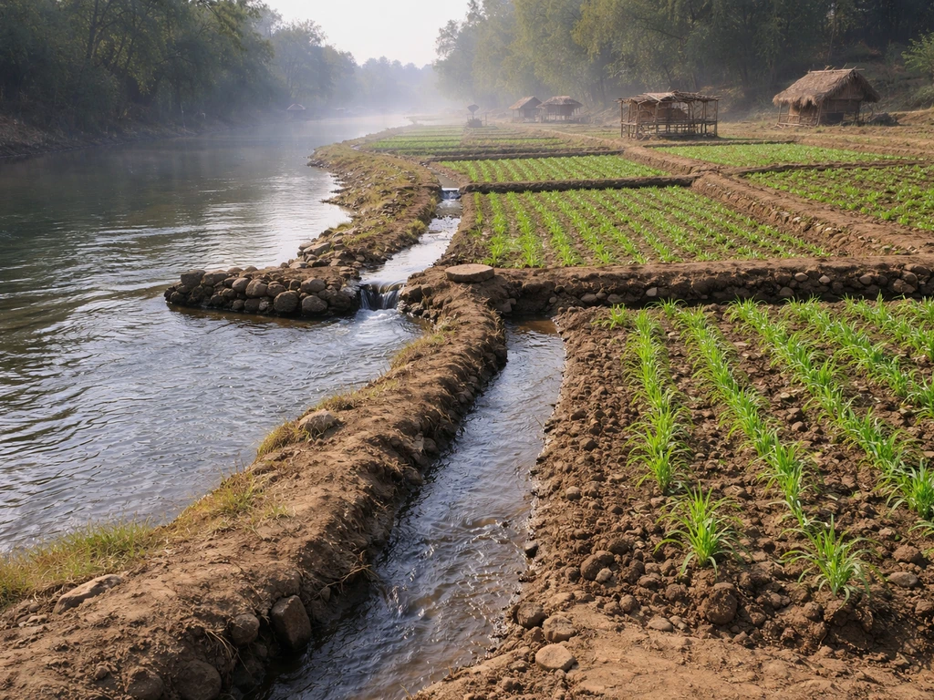 Sunlit ancient farmland beside a gentle river with small irrigation channels guiding water to crops.
