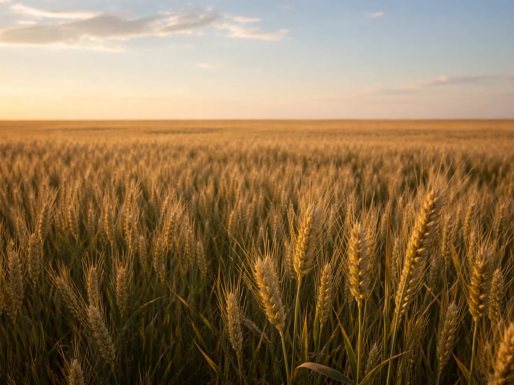 Wheat field at golden hour with a clear sky, showing steady growing conditions