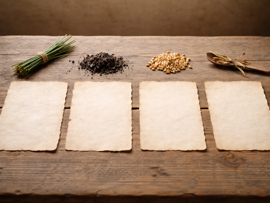 Blank parchment cards on a wooden table with natural objects symbolizing water, soil, crops, and limiting factors.