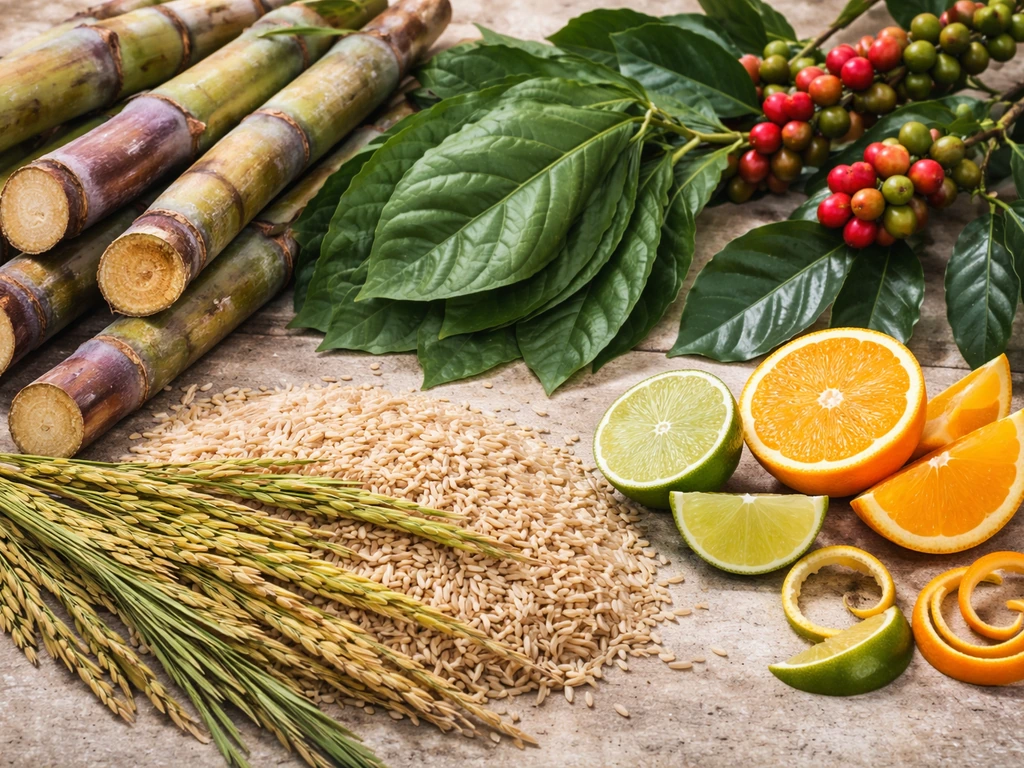 Close-up crop mix featuring sugarcane, tobacco leaves, coffee cherries, rice, and citrus segments.