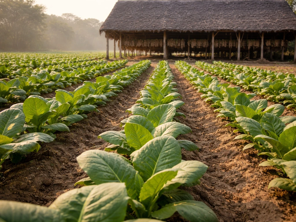 Tobacco plants in rows with an open drying barn in the background, Western Cuba.