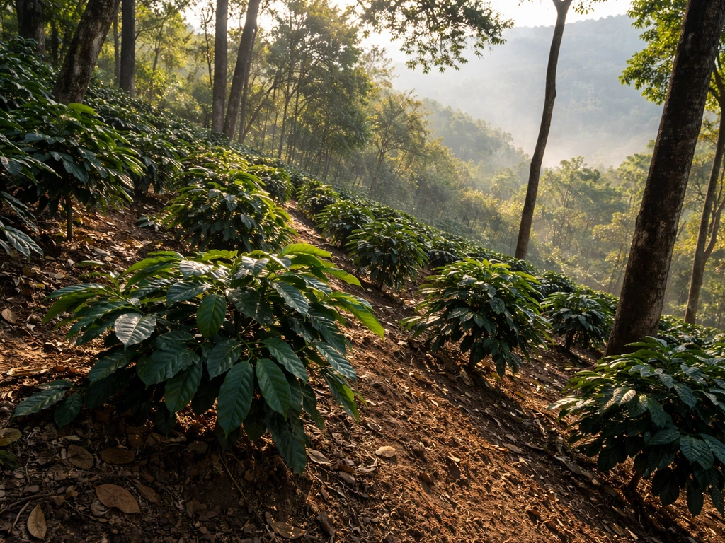 Shaded coffee plants on a steep hillside in Eastern Cuba, with misty highland backdrop