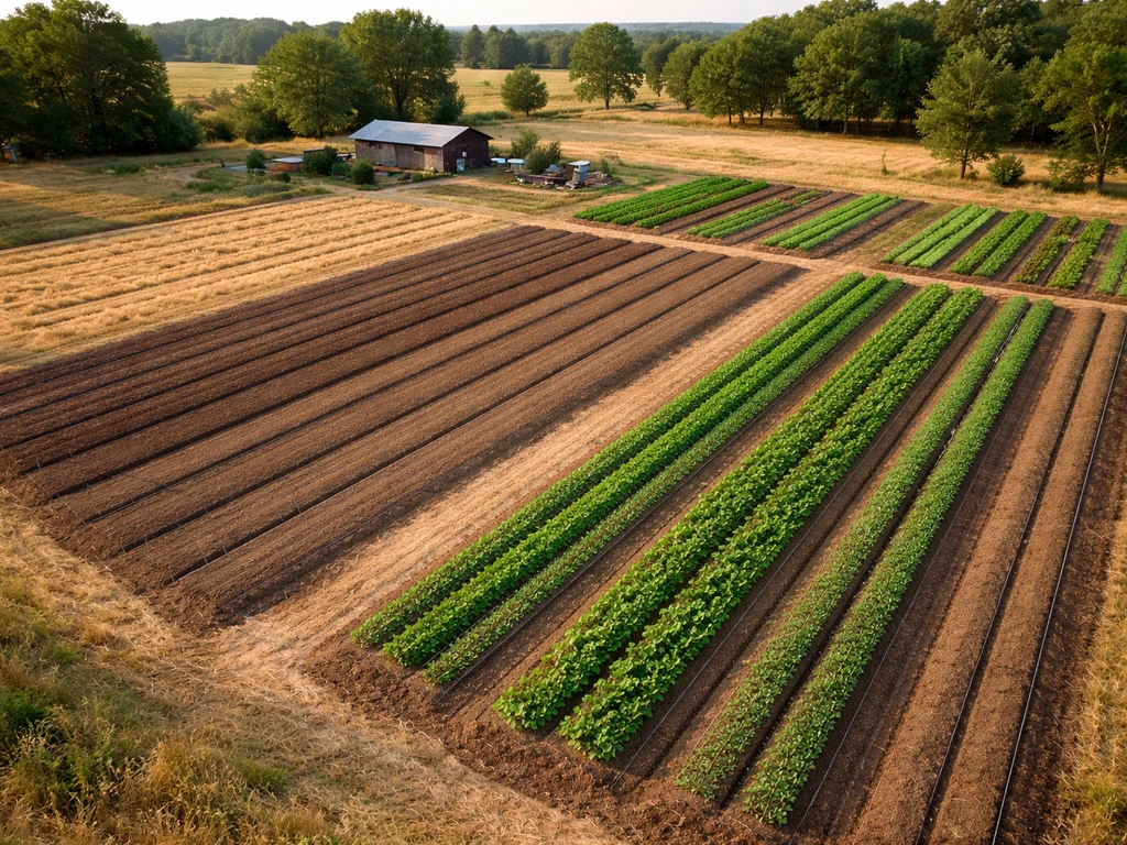 Top-down view of a 10-acre farm with clear crop-ready sections in natural rows
