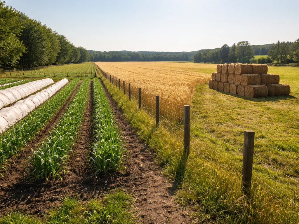Three adjacent small farm plots showing direct-market veggies, staple grains, and forage hay bales