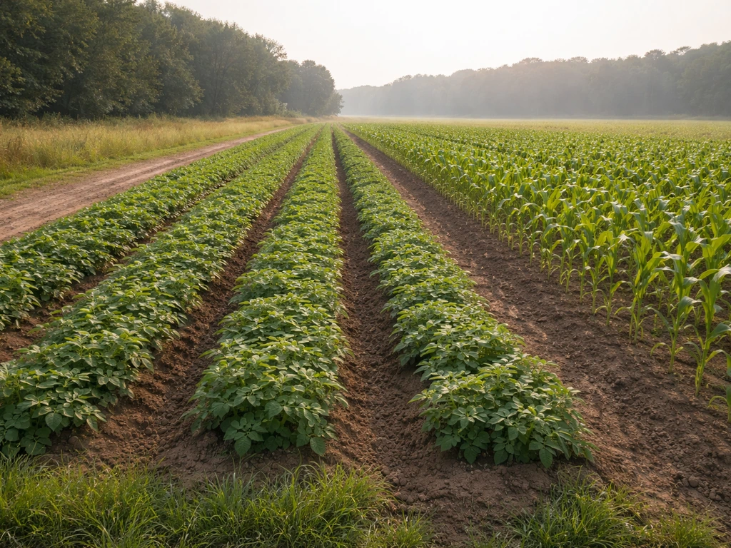 Mixed rows of potatoes and sweet corn growing in a small diversified farm field
