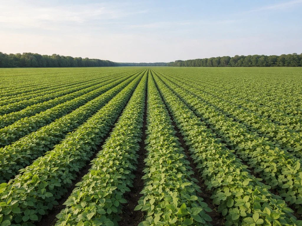 View over an evenly planted soybean field with uniform rows stretching toward the horizon.