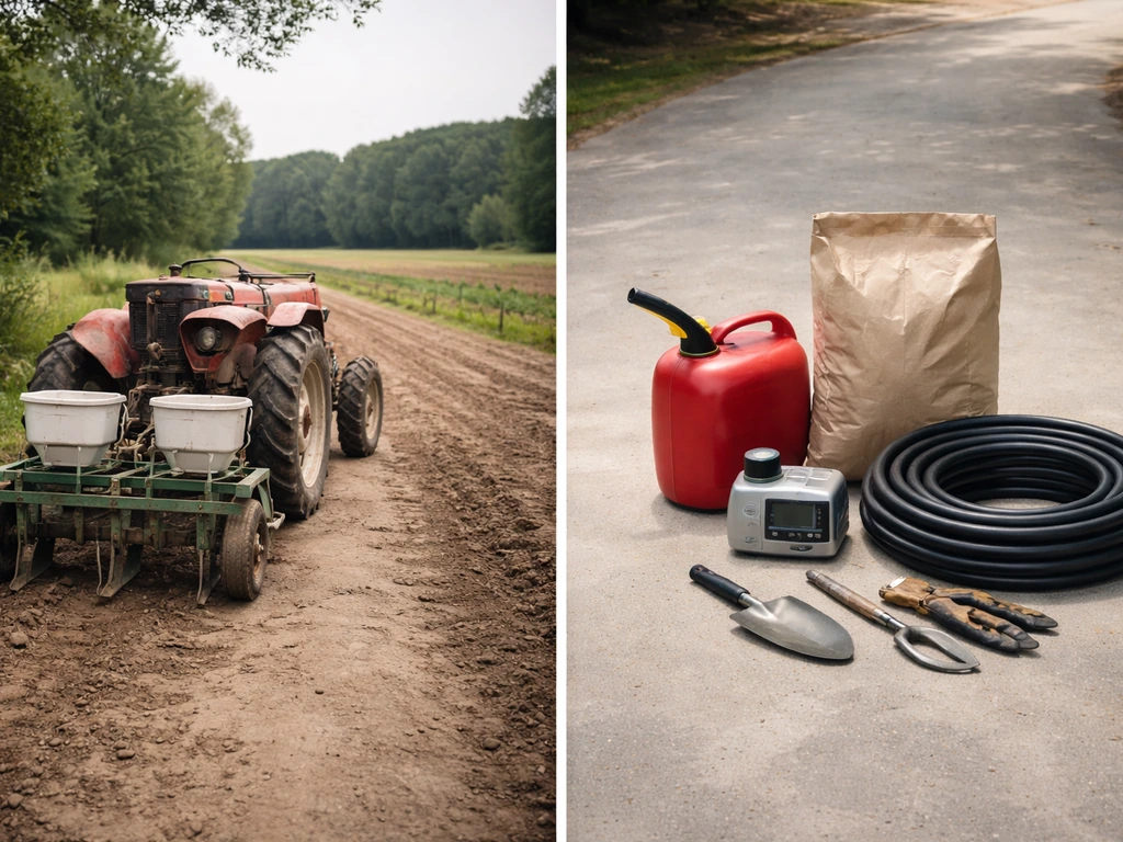 Minimal photo collage of a small tractor and farm input items representing 10-acre scale costs and risks.