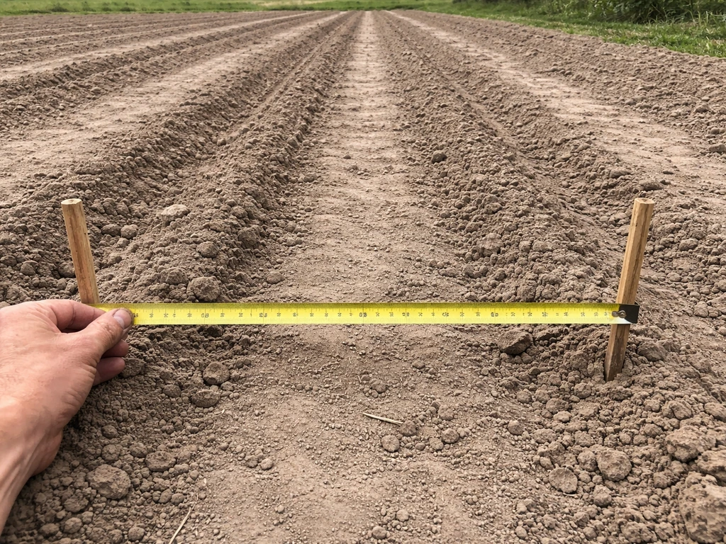 Measuring tape and stakes in a small tilled field marking 30-inch row spacing.