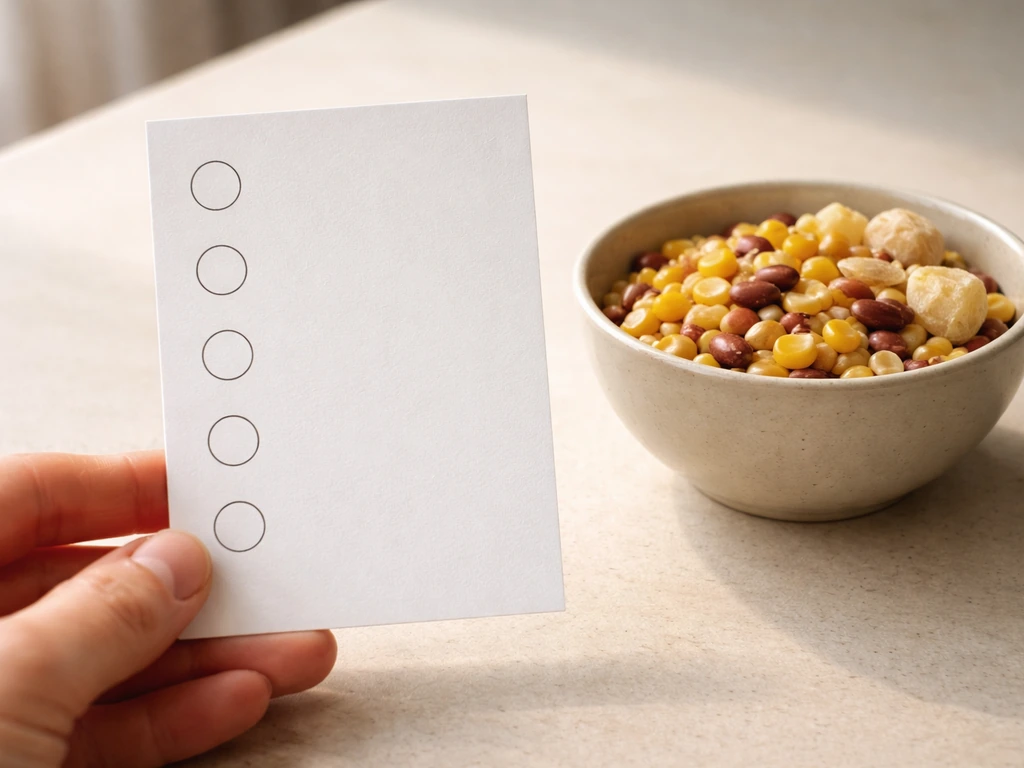 Minimal desk scene with a five-item evaluation card for survival crops, natural light.