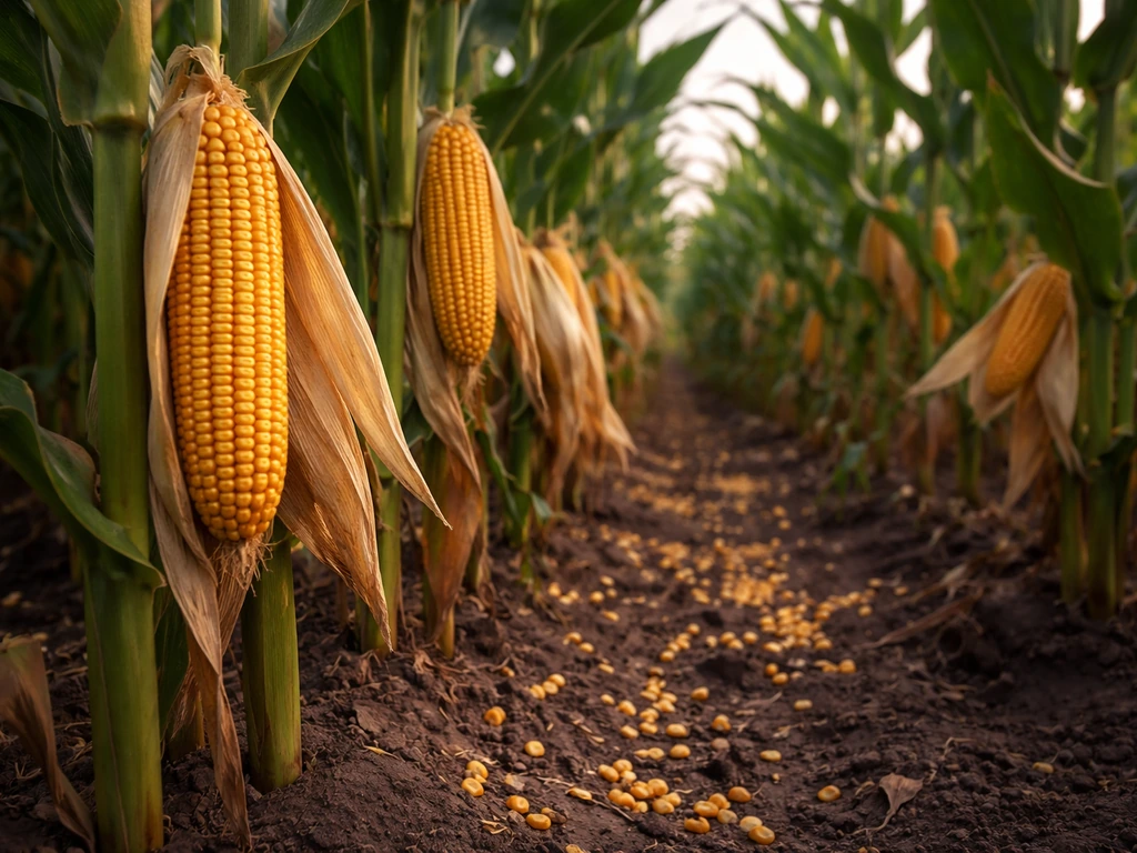 Close-up of field-corn plants in rows with dried ears and visible harvested kernels on soil.