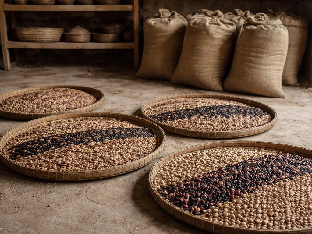Dry beans drying on trays beside burlap sacks of grain in a simple rural storage area.