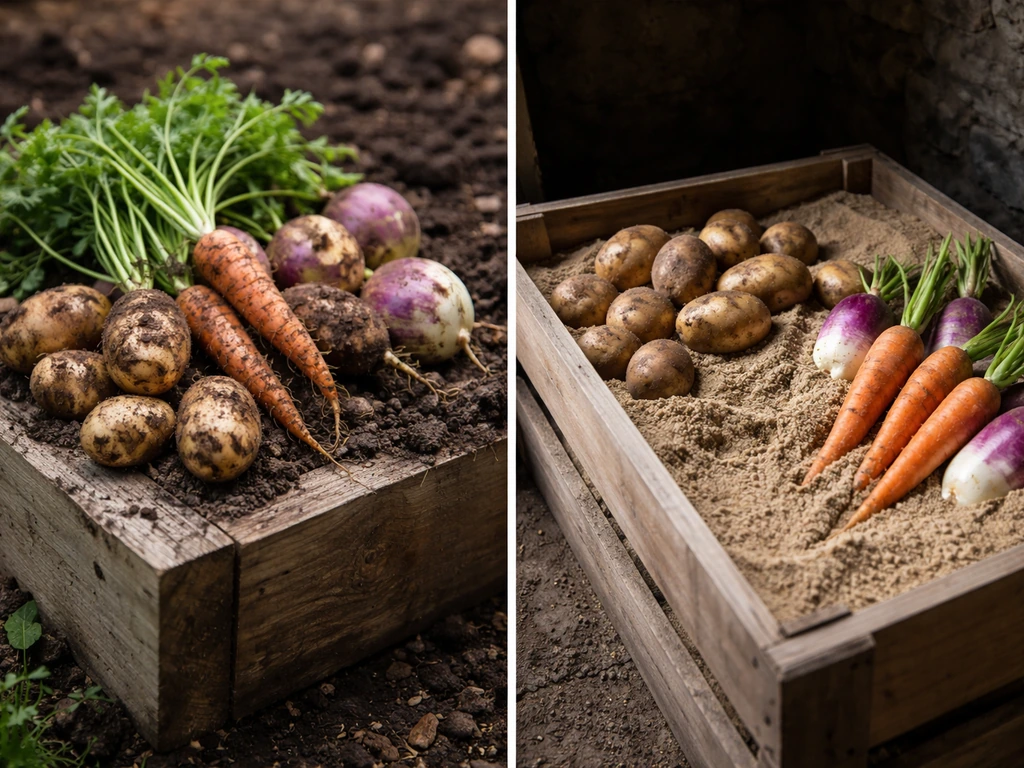 Freshly dug potatoes and carrots beside packed-sand root cellar storage bins